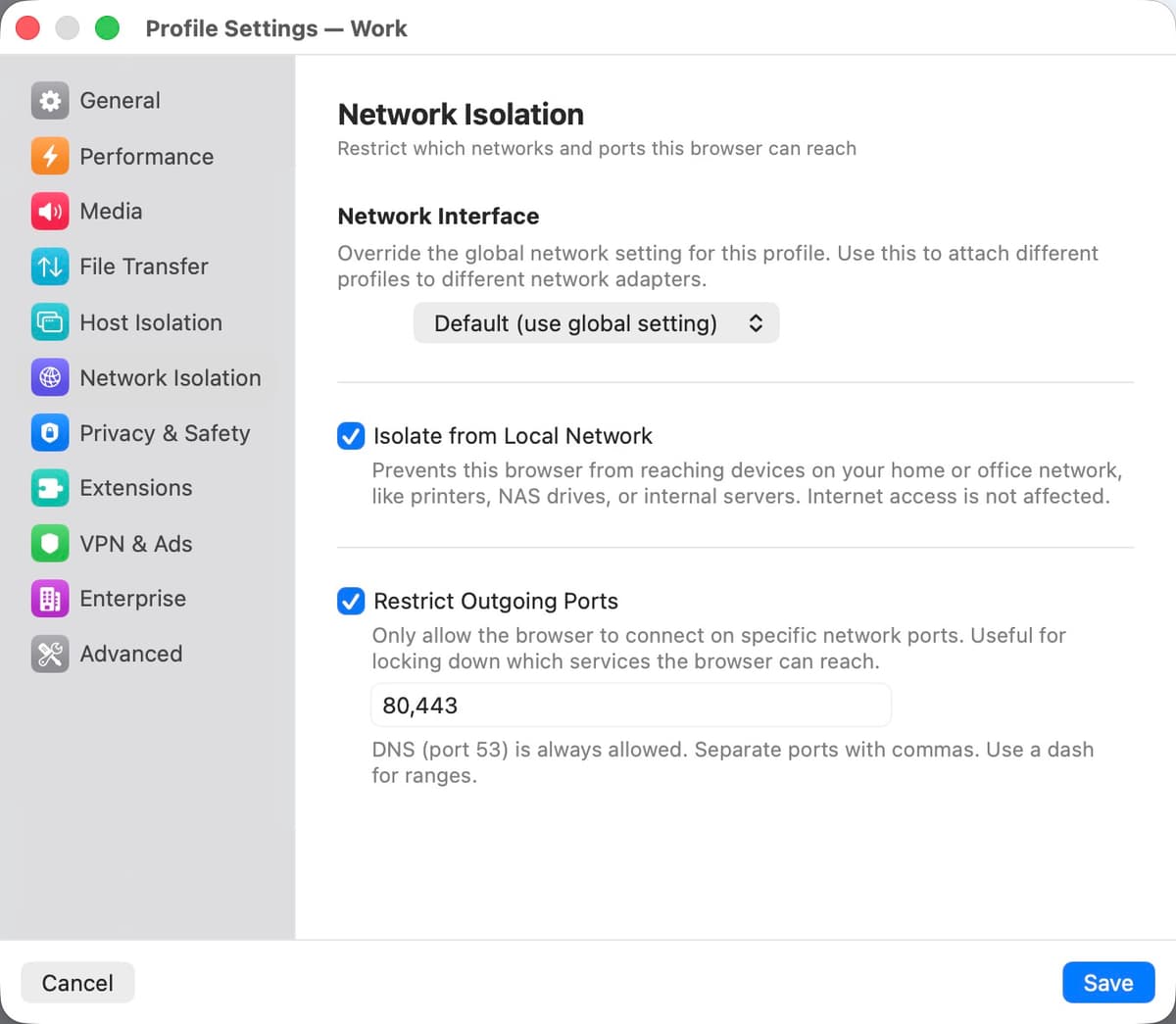 Network Isolation settings panel