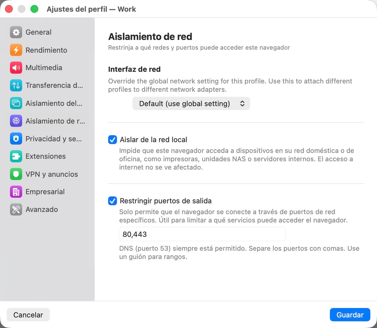 Panel de ajustes de aislamiento de red