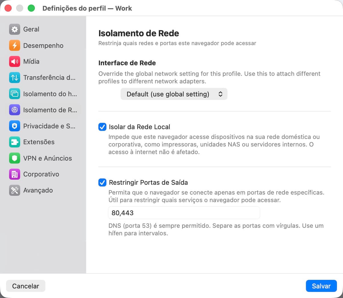 Painel de configurações de isolamento de rede