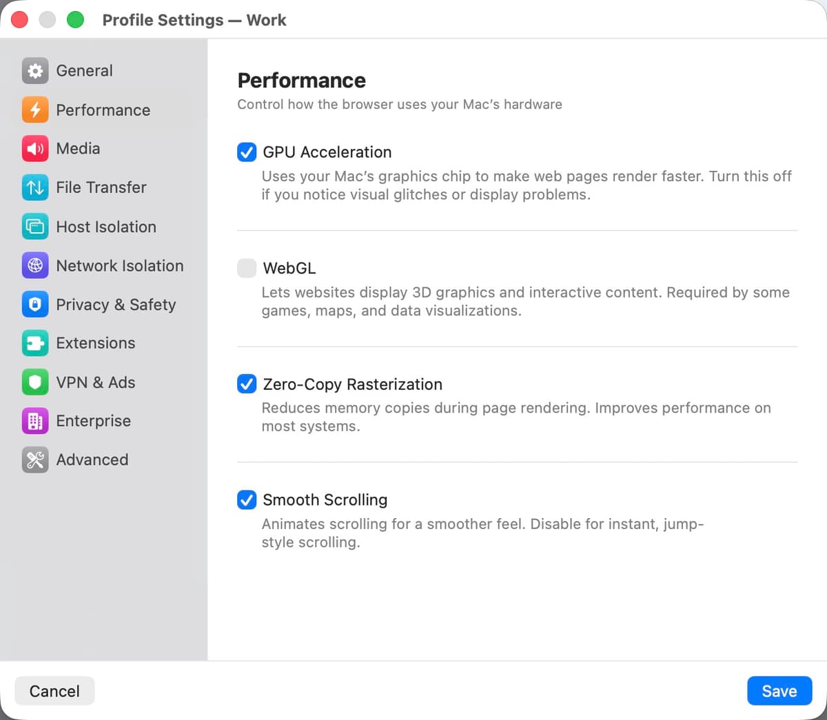 Performance settings panel