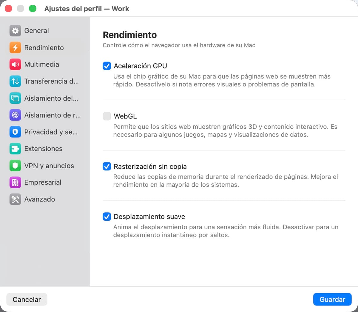 Panel de ajustes de rendimiento