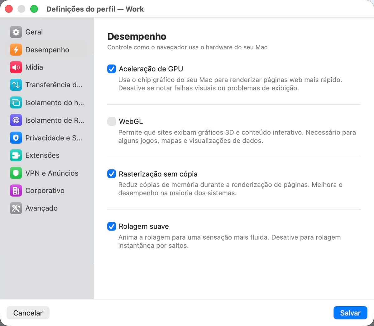 Painel de configurações de desempenho
