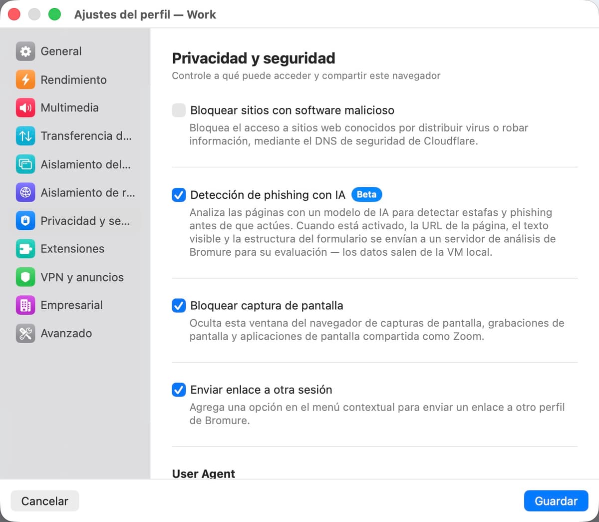 Panel de ajustes de privacidad y seguridad