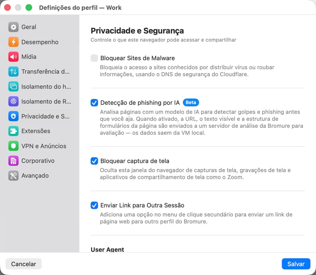 Painel de configurações de privacidade e segurança
