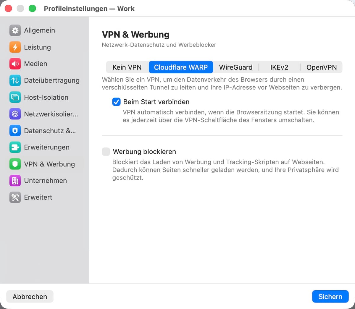 VPN- und Werbeeinstellungen