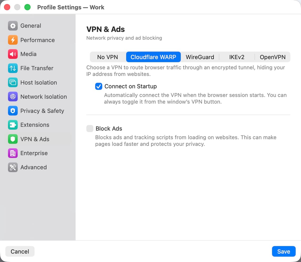 VPN & Ads settings panel