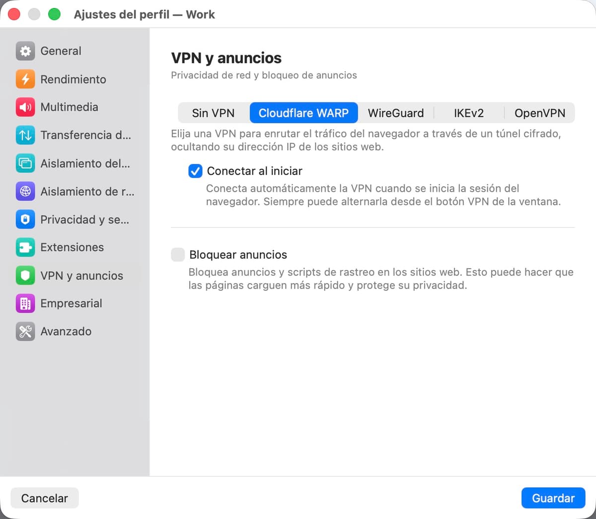 Panel de ajustes de VPN y anuncios