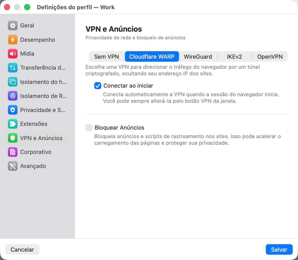 Painel de configurações de VPN e anúncios