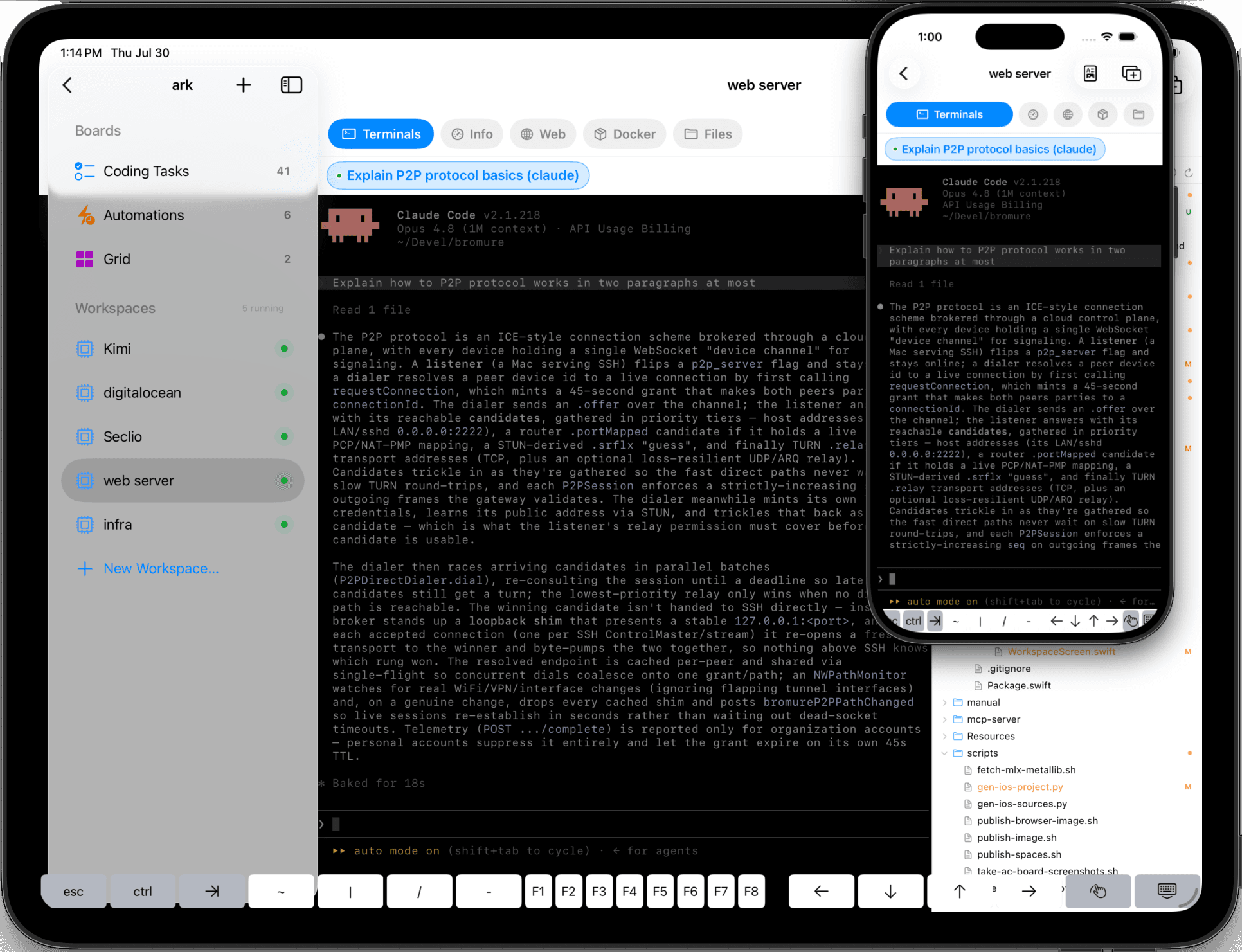 Bromure Agentic Coding connecting directly to agents on a remote Mac Studio from a MacBook, iPad, or iPhone