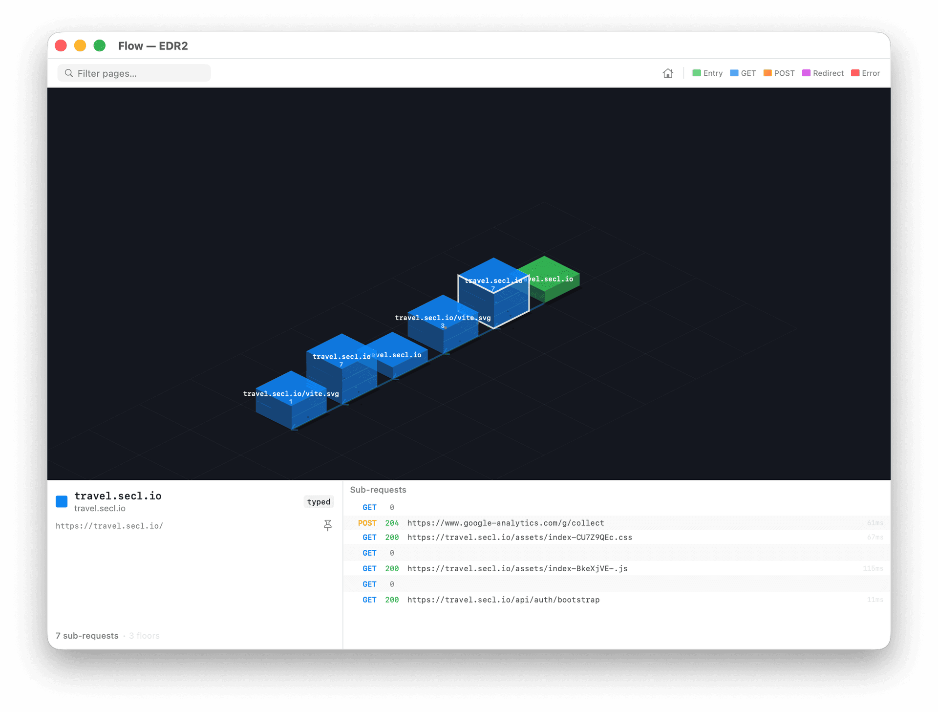 Trace de session en vue isométrique 3D