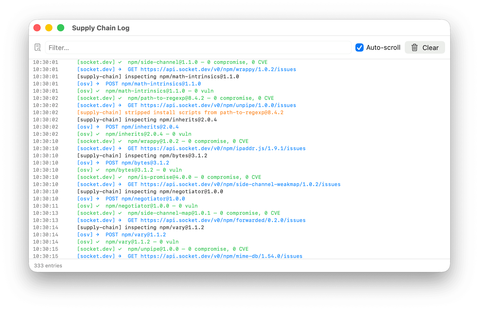 Bromure Supply Chain log scanning every npm package against OSV and socket.dev as the agent installs them