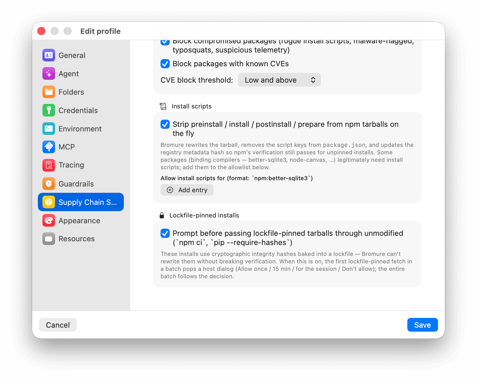 Bromure Supply Chain profile settings: block compromised packages and known CVEs, strip install scripts, and gate lockfile-pinned installs