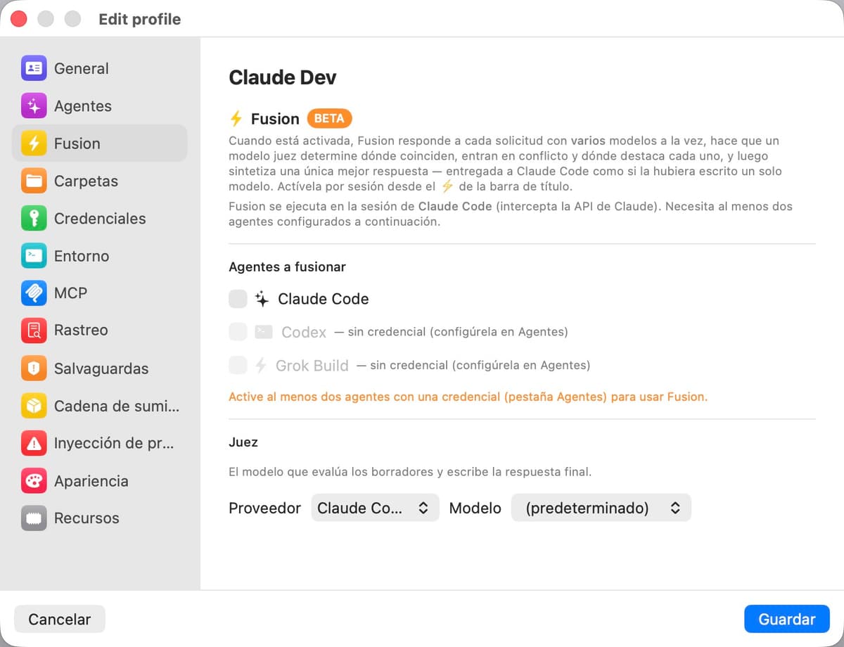 Panel de ajustes de Fusion