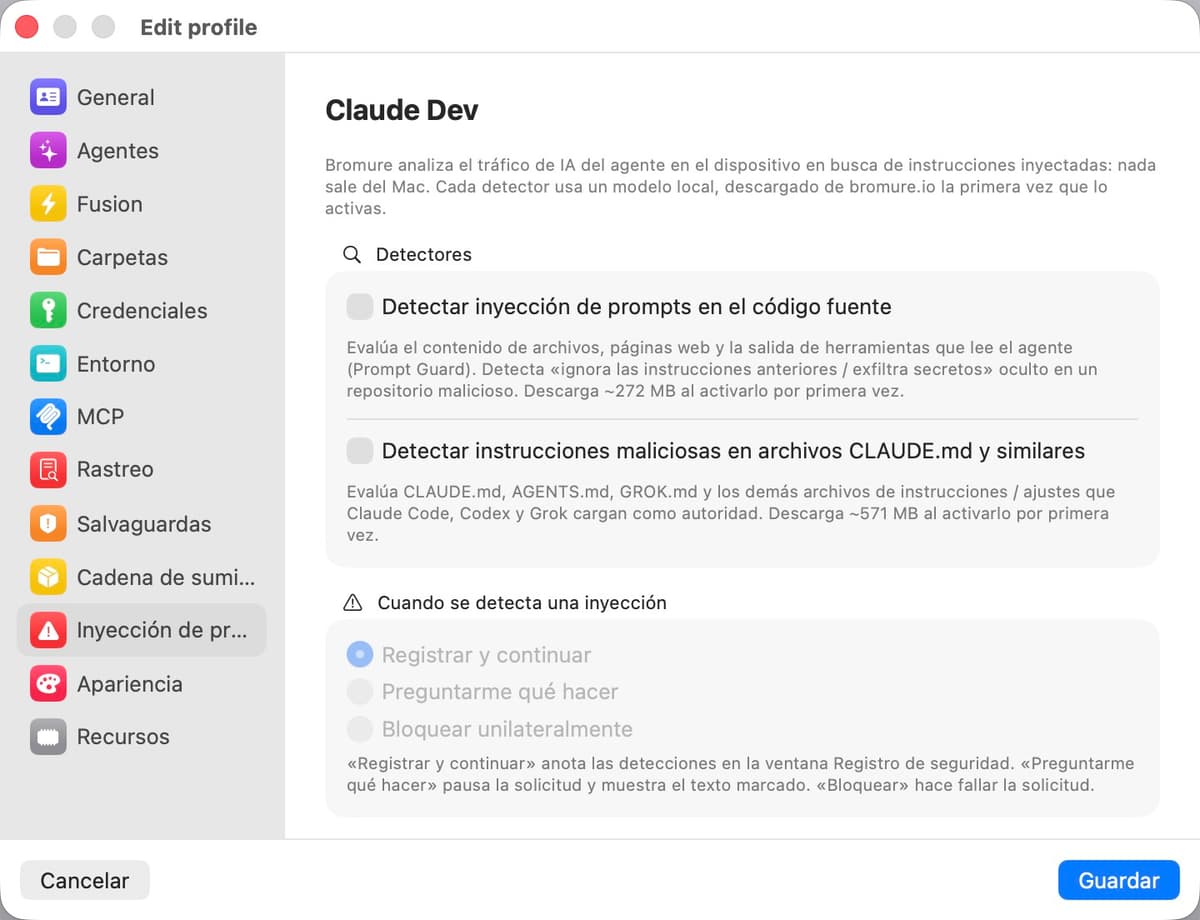 Panel de ajustes de inyección de prompt