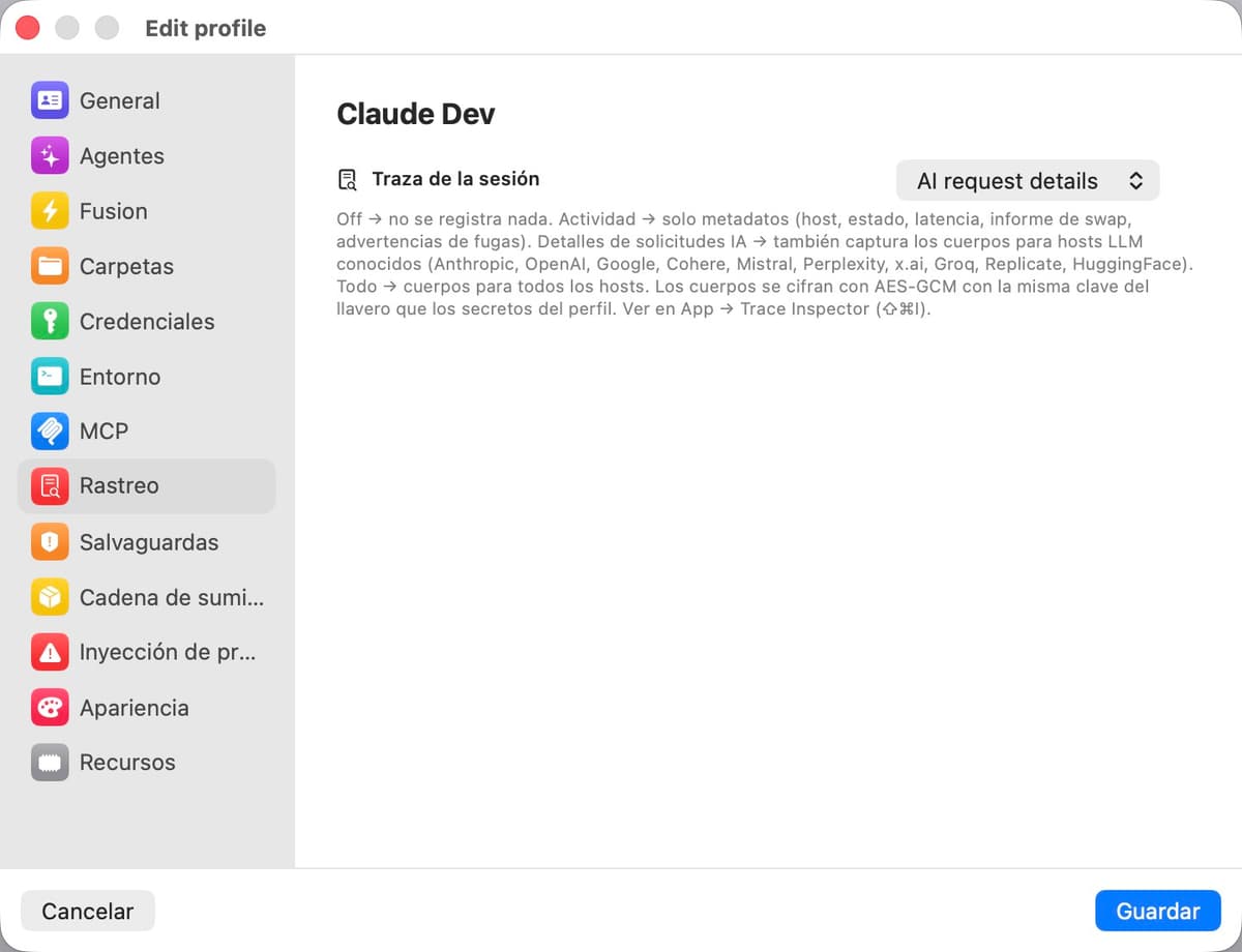 Panel de ajustes de trazado