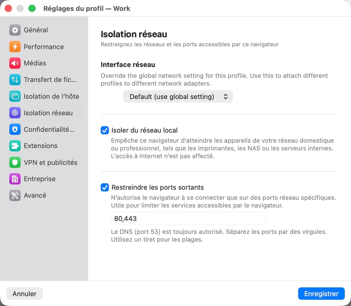 Panneau des paramètres d'isolation réseau