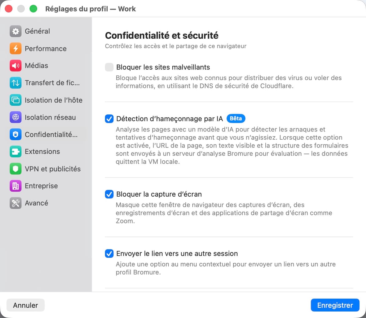 Panneau des paramètres de confidentialité et sécurité