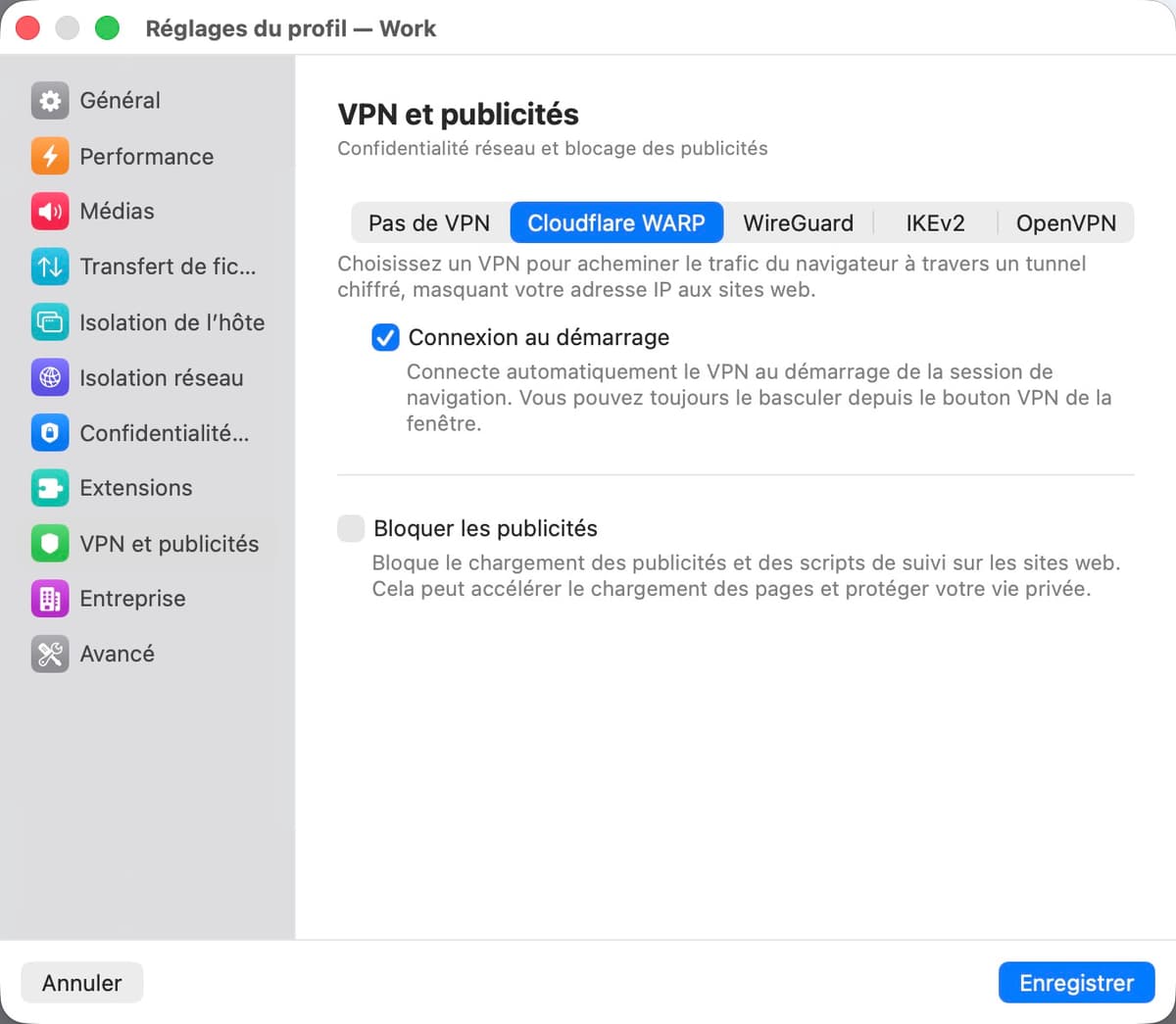 Panneau des paramètres VPN et publicités