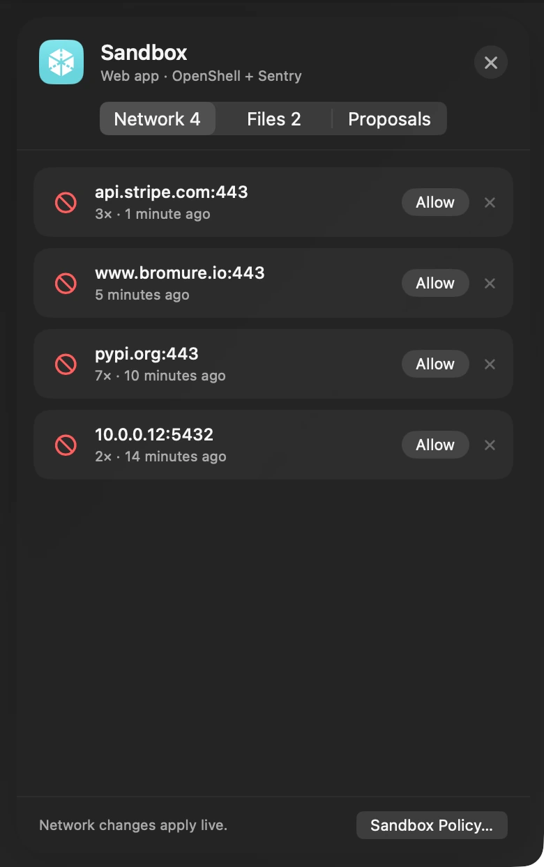 A gaveta Sandbox de um workspace em execução usando OpenShell + Sentry, listando quatro destinos bloqueados com quantas vezes e há quanto tempo cada um foi tentado, um botão Permitir para cada um e o aviso de que mudanças de rede se aplicam na hora
