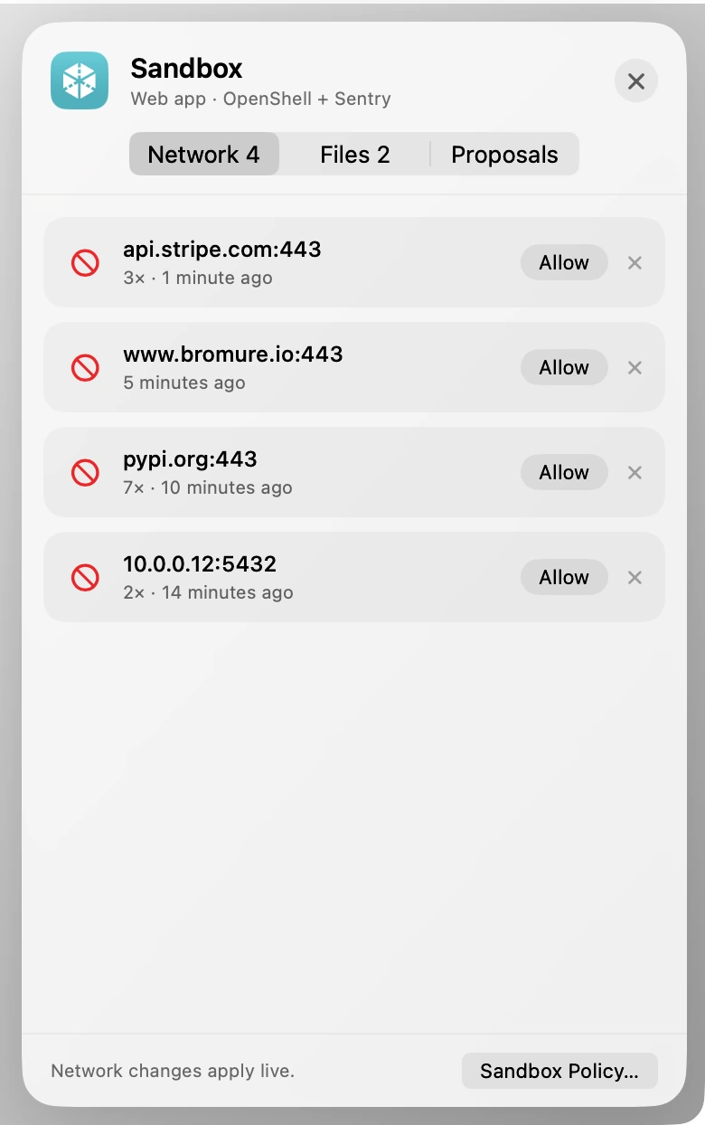 A gaveta Sandbox de um workspace em execução usando OpenShell + Sentry, listando quatro destinos bloqueados com quantas vezes e há quanto tempo cada um foi tentado, um botão Permitir para cada um e o aviso de que mudanças de rede se aplicam na hora