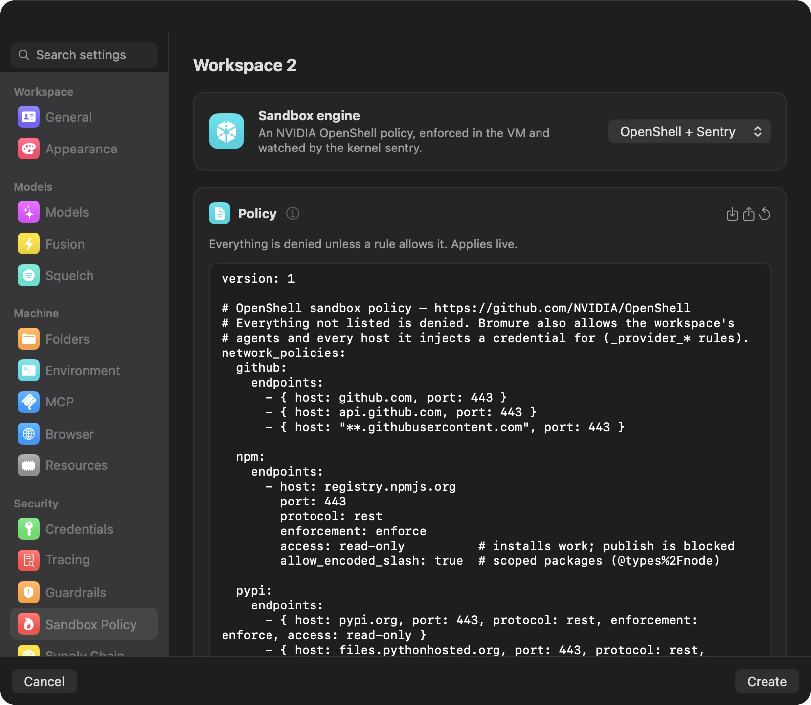 Ajustes de workspace do Bromure, painel Política de sandbox, com o motor de sandbox definido como OpenShell + Sentry e uma política OpenShell que permite github.com, acesso somente leitura a registry.npmjs.org e acesso somente leitura a pypi.org