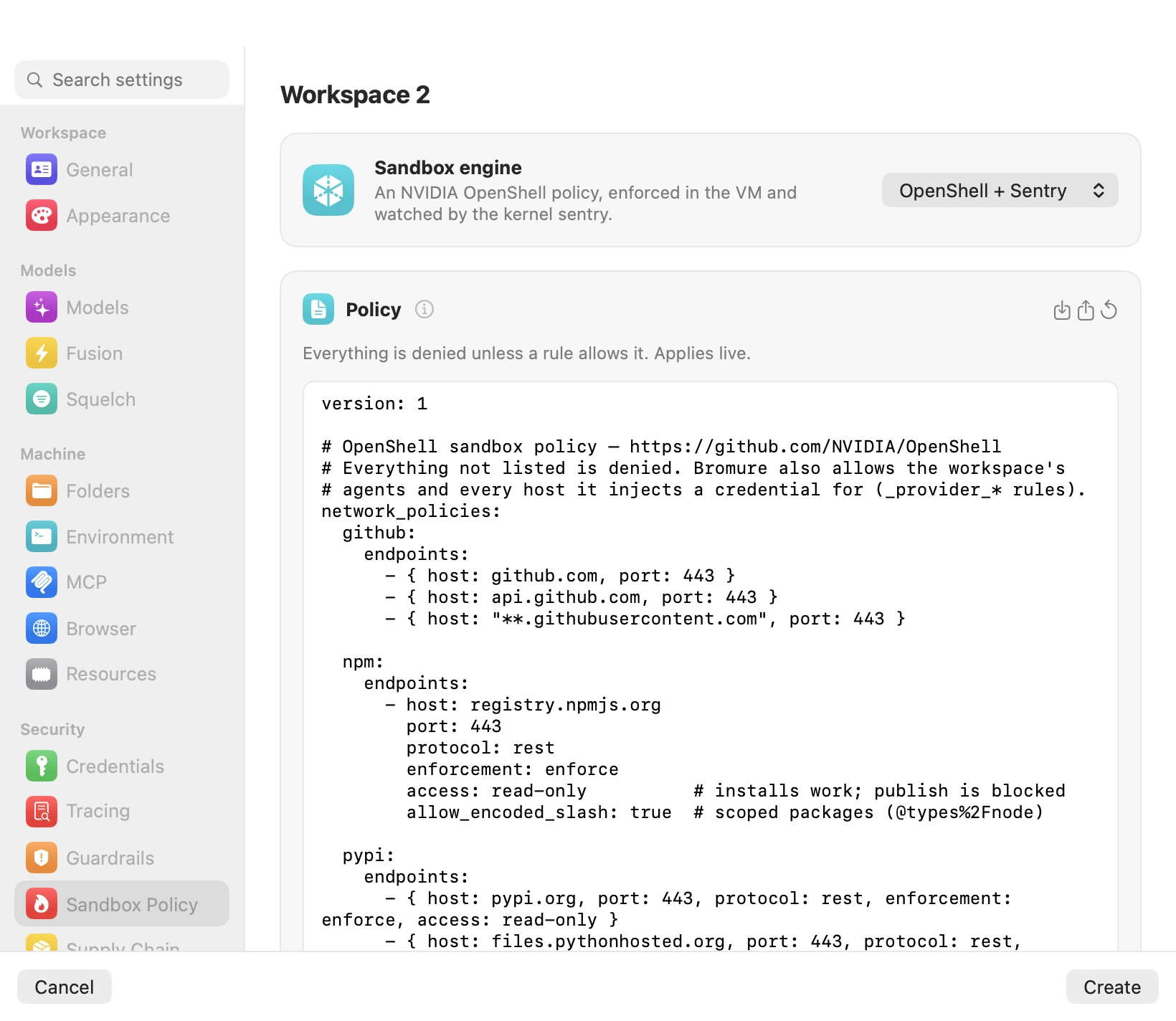 Ajustes de workspace do Bromure, painel Política de sandbox, com o motor de sandbox definido como OpenShell + Sentry e uma política OpenShell que permite github.com, acesso somente leitura a registry.npmjs.org e acesso somente leitura a pypi.org