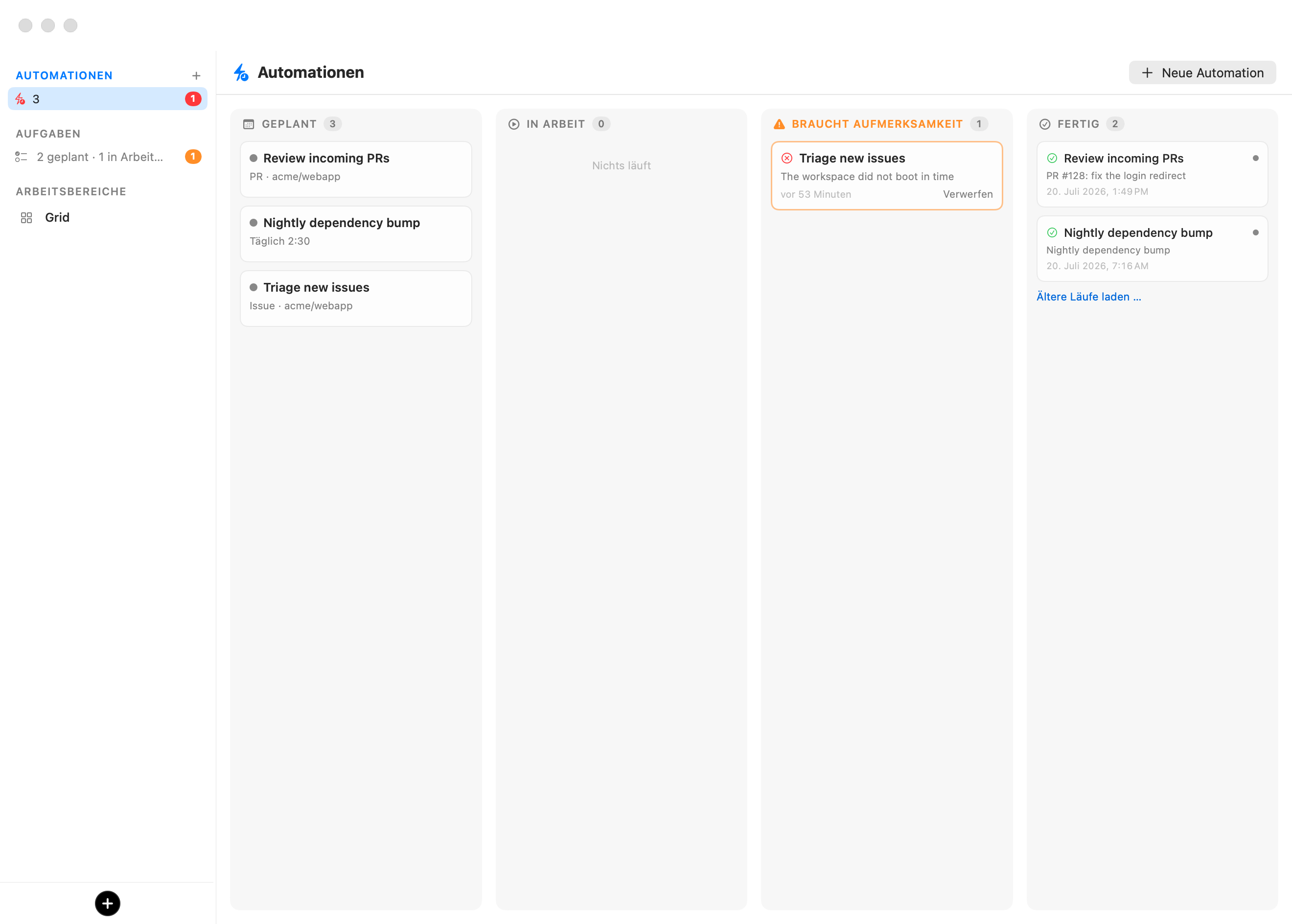 Das Automatisierungs-Board: Geplant mit drei Automatisierungskarten (Eingehende PRs prüfen, Nächtliche Abhängigkeits-Aktualisierung, Neue Issues sichten), eine leere Spalte In Bearbeitung, eine Spalte Erfordert Aufmerksamkeit mit einem fehlgeschlagenen Lauf, der Verwerfen anbietet, und eine Spalte Fertig, die abgeschlossene Läufe mit einem Link Ältere Läufe laden… auflistet.