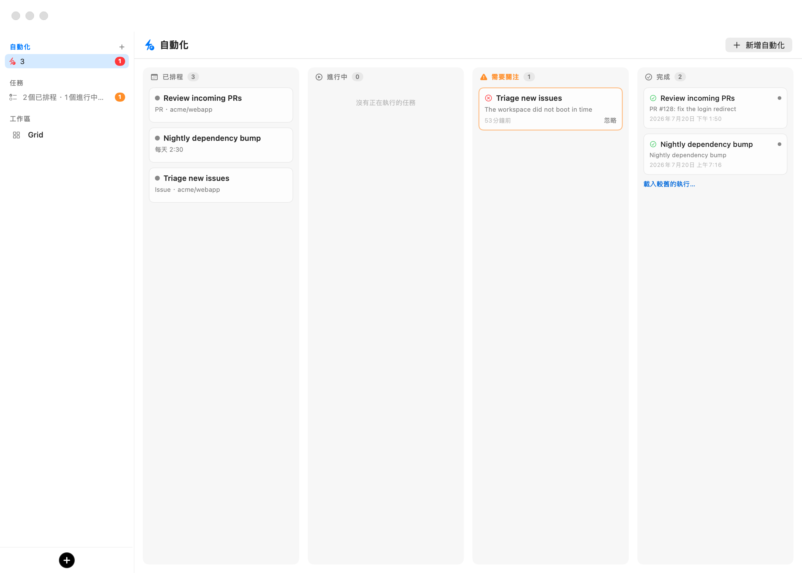 自動化看板：Scheduled 欄內有三張自動化卡片（Review incoming PRs、Nightly dependency bump、Triage new issues）、一個空的 In Progress 欄、一個 Needs Attention 欄內有一次提供 Dismiss 的失敗執行，以及一個 Done 欄列出已完成的執行並附有 Load older runs… 連結。