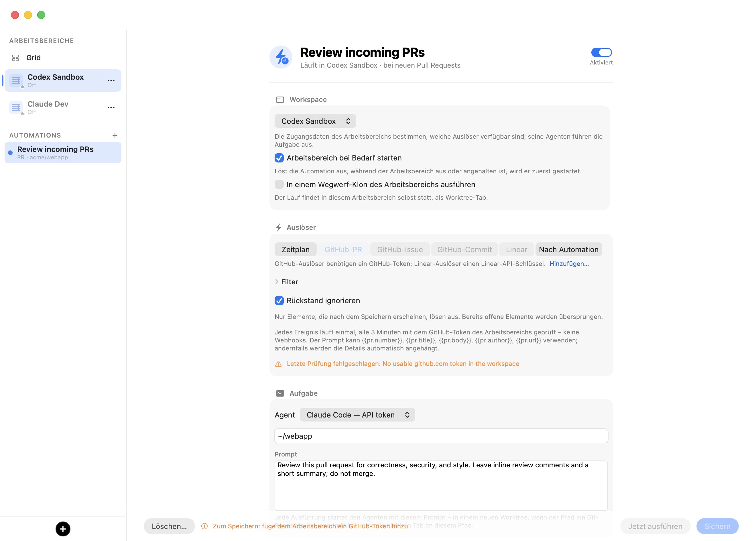 Der Automatisierungs-Editor als bühnenfüllendes Overlay geöffnet: eine Kopfzeile mit dem Automatisierungsnamen und einem Schalter Aktiviert, dann Arbeitsbereich, Trigger (Zeitplan / GitHub PR / GitHub Issue / GitHub Commit / Linear / Nach Automatisierung) mit einem aufklappbaren Bereich Filter und Backlog ignorieren, sowie ein Abschnitt Aufgabe mit der Agenten-Auswahl, dem Repository-Pfad und dem Prompt. Eine angeheftete Aktionsleiste zeigt Löschen, Jetzt ausführen und Sichern.