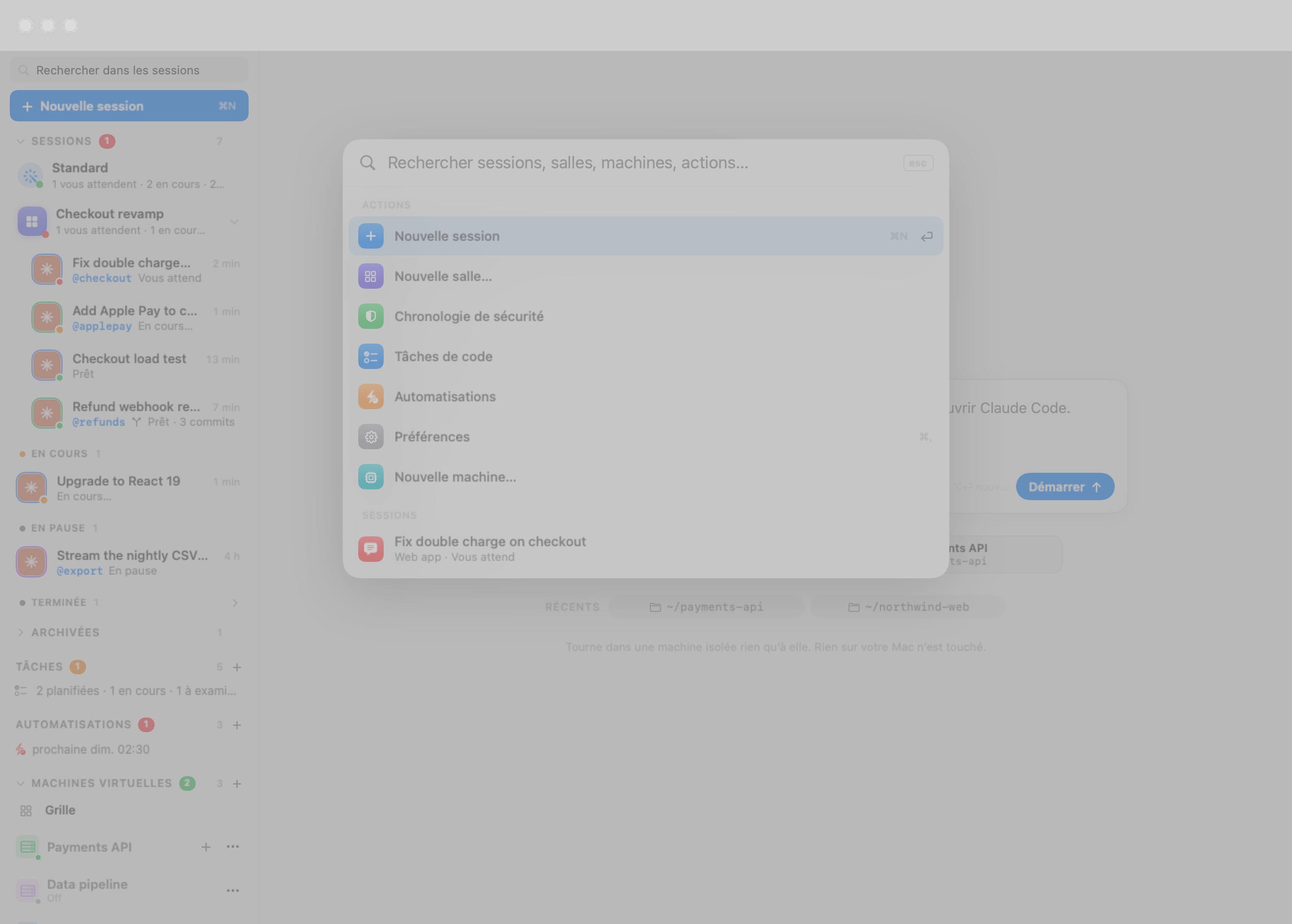 La palette ⌘K par-dessus une fenêtre assombrie : un champ de recherche indiquant Rechercher sessions, salles, machines, actions… avec un badge échap, une section ACTIONS (Nouvelle session ⌘N en surbrillance, Nouvelle salle…, Chronologie de sécurité, Préférences ⌘,), une section SESSIONS avec deux sessions, leur machine et leur état, et une section SALLES avec une salle.
