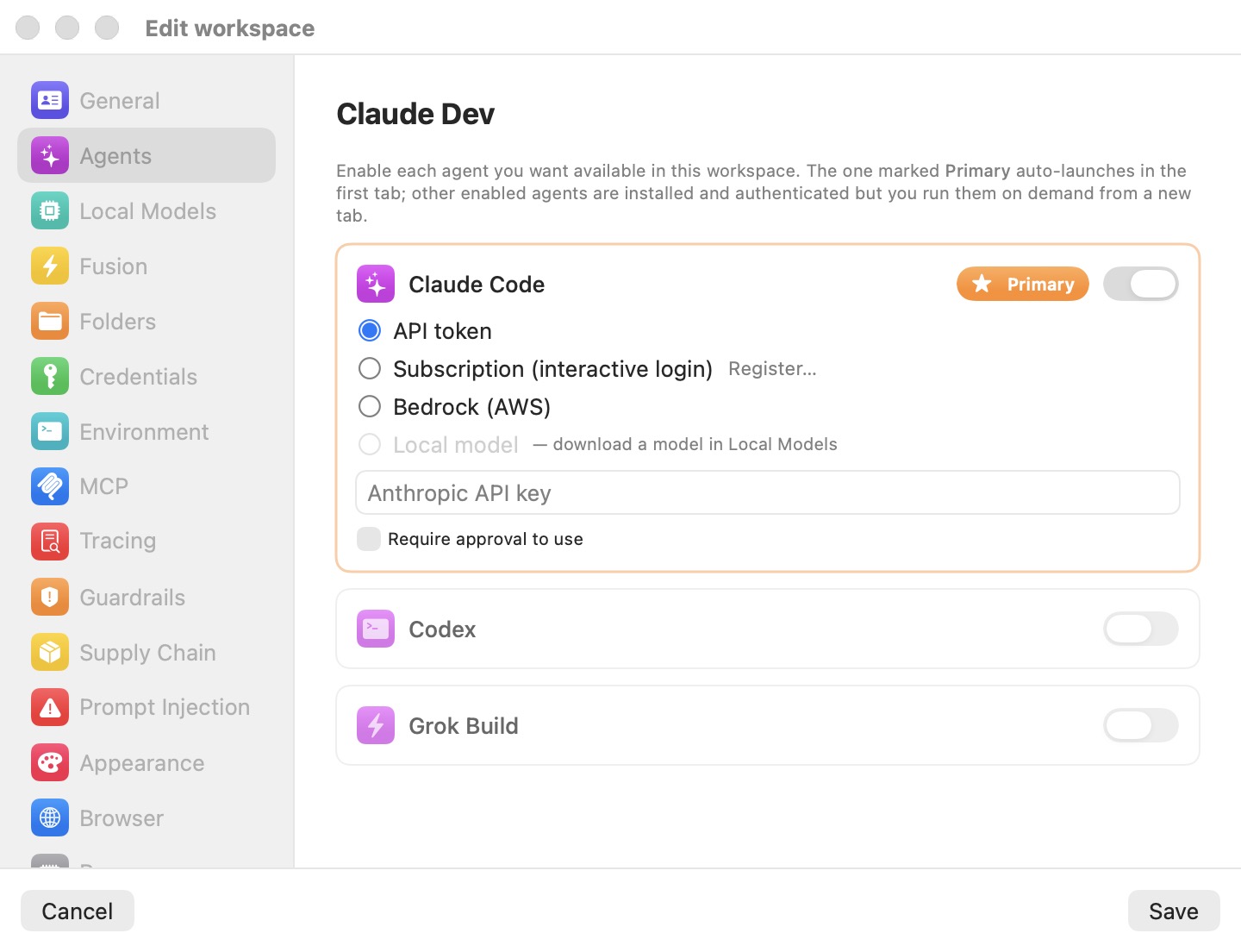 The Agents pane showing the Claude Code card marked Primary, with auth modes API token, Subscription (interactive login) with a Register… link, Bedrock (AWS), and a disabled Local model option, plus an Anthropic API key field