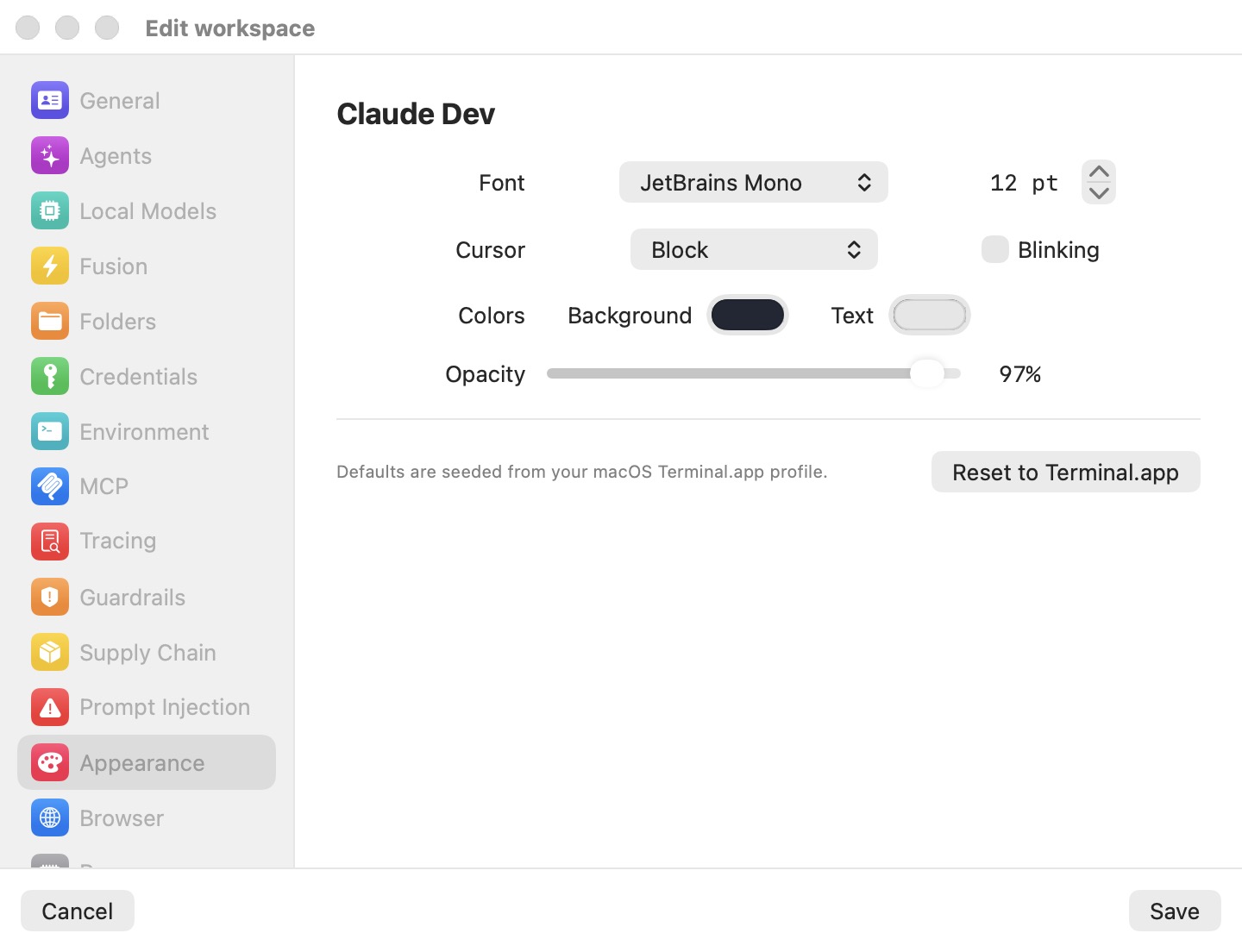 The Appearance pane of the settings editor, showing Font, Cursor, Colors, and Opacity controls
