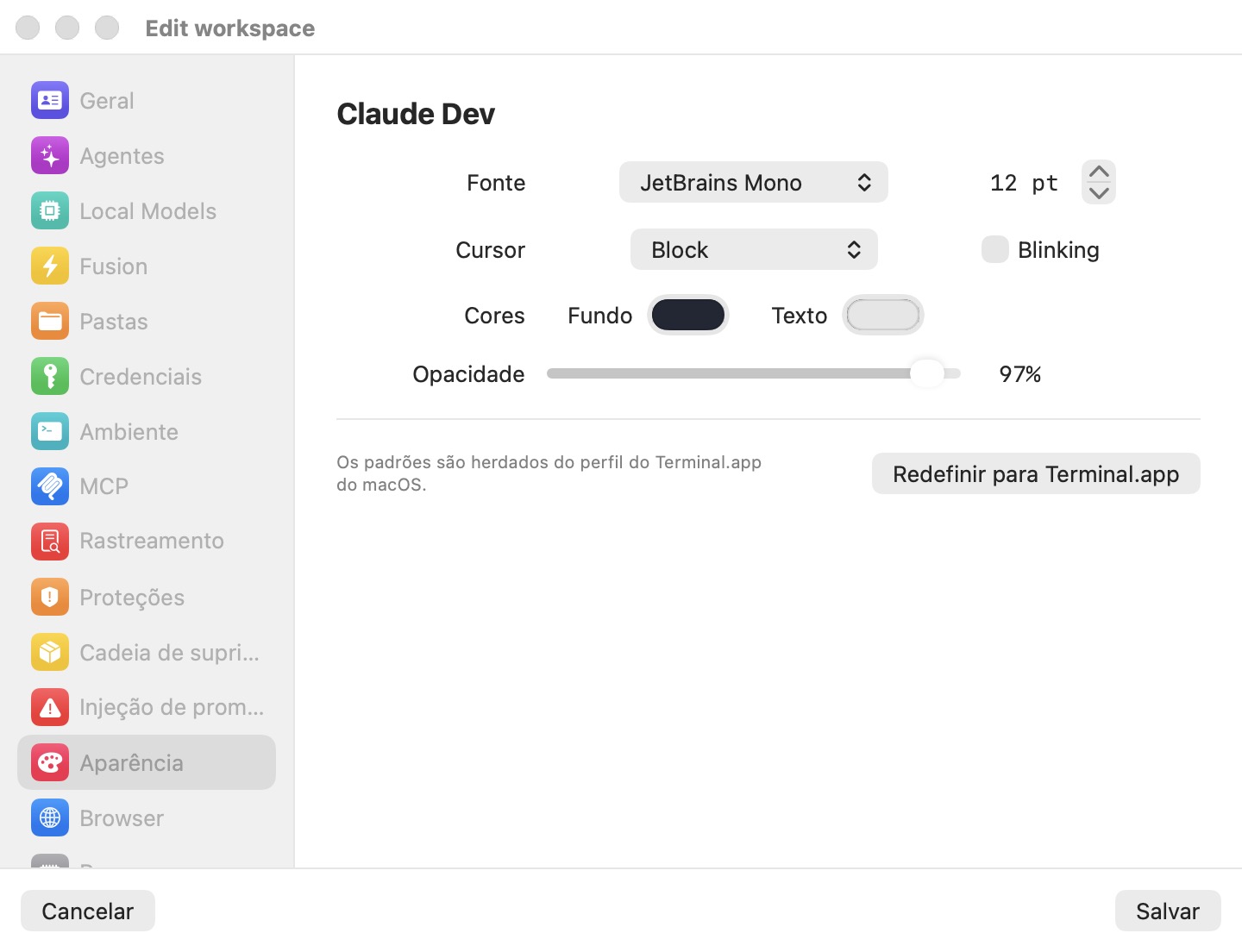 O painel Aparência do editor de definições, mostrando os controlos de Tipo de letra, Cursor, Cores e Opacidade