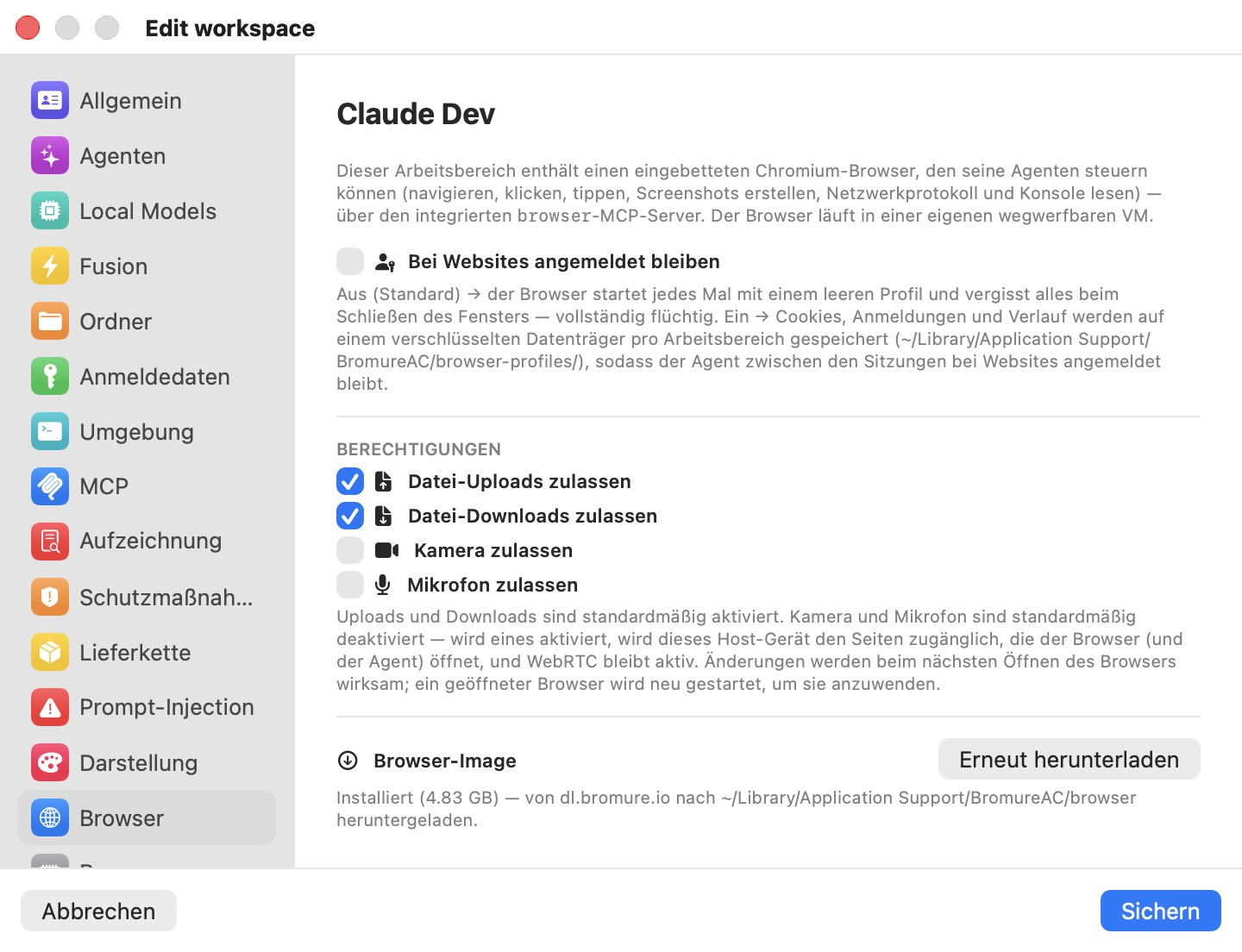 Der Bereich Browser des Fensters Arbeitsbereich bearbeiten, mit dem Umschalter Auf Websites angemeldet bleiben (aus); einem Abschnitt Berechtigungen, in dem Datei-Uploads zulassen und Datei-Downloads zulassen aktiviert sowie Kamera zulassen und Mikrofon zulassen deaktiviert sind; und einem Abschnitt Browser-Image, der als Installiert markiert ist, mit einer Schaltfläche Erneut herunterladen