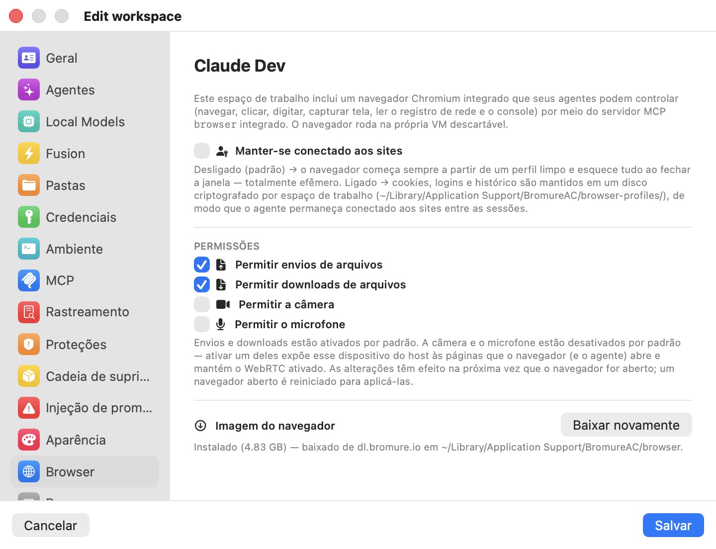 O painel Navegador da janela Editar espaço de trabalho, mostrando o interruptor Manter sessão iniciada nos sites (desligado); uma secção Permissões com Permitir carregamentos de ficheiros e Permitir transferências de ficheiros ativados e Permitir a câmara e Permitir o microfone desativados; e uma secção Imagem do navegador marcada como Instalada com um botão Voltar a transferir