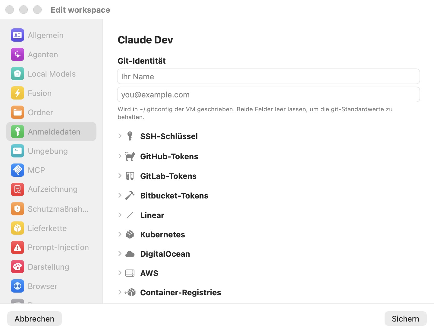 Der Bereich Zugangsdaten des Arbeitsbereich-Editors mit Git-Identitätsfeldern über der Liste der konfigurierten Zugangsdaten, einer Schaltfläche Zugangsdatum hinzufügen und einer Schaltfläche Env-Datei importieren