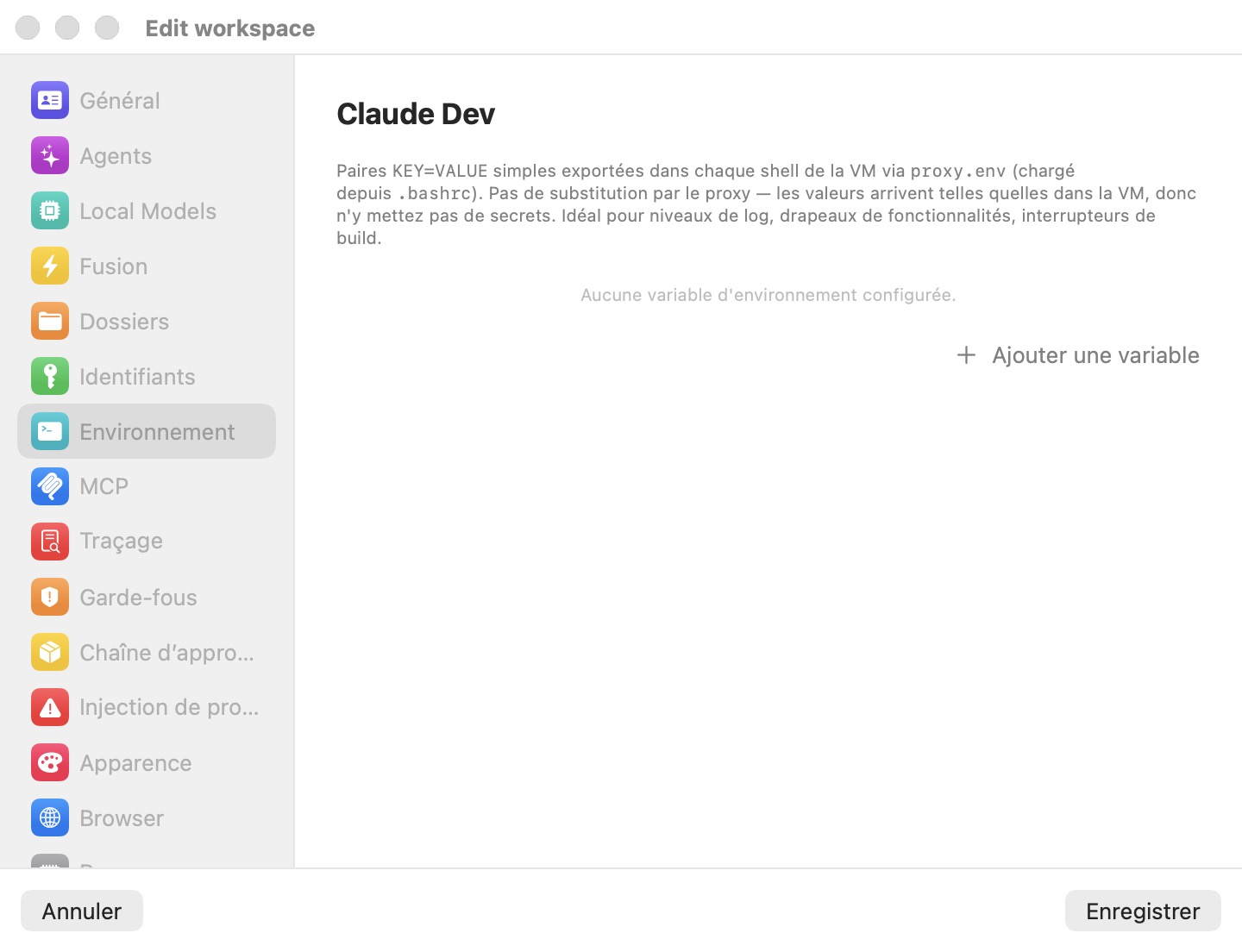 Le volet Environnement de la fenêtre Modifier l'espace de travail, affichant le message d'état vide Aucune variable d'environnement configurée et un bouton Ajouter une variable
