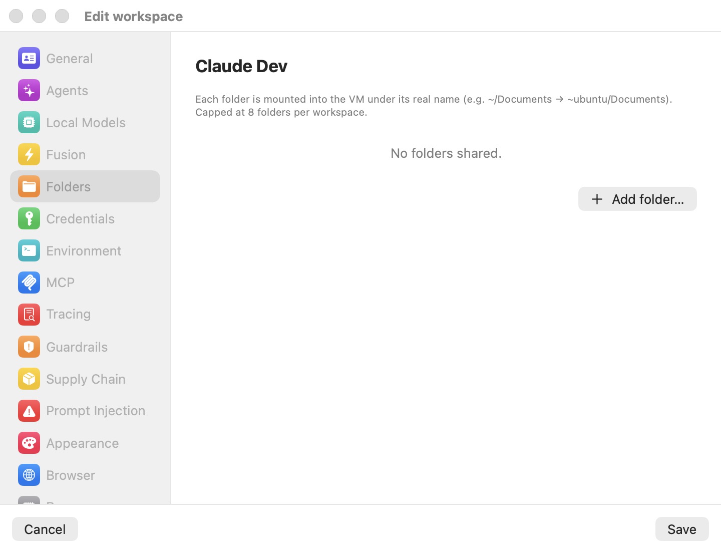 The Folders pane of the workspace editor, empty, with the Add folder… button