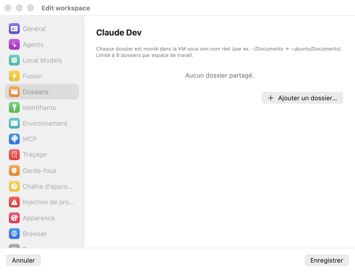 Le volet Dossiers de l'éditeur d'espace de travail, vide, avec le bouton Ajouter un dossier…