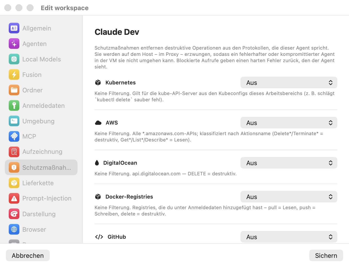Der Bereich Schutzmechanismen des Fensters Arbeitsbereich bearbeiten, mit ressourcenweisen Modus-Auswahlen für Kubernetes, AWS, DigitalOcean, Docker-Registrys und GitHub, jeweils auf Aus gesetzt mit einer Beschriftung, die ihren Geltungsbereich beschreibt
