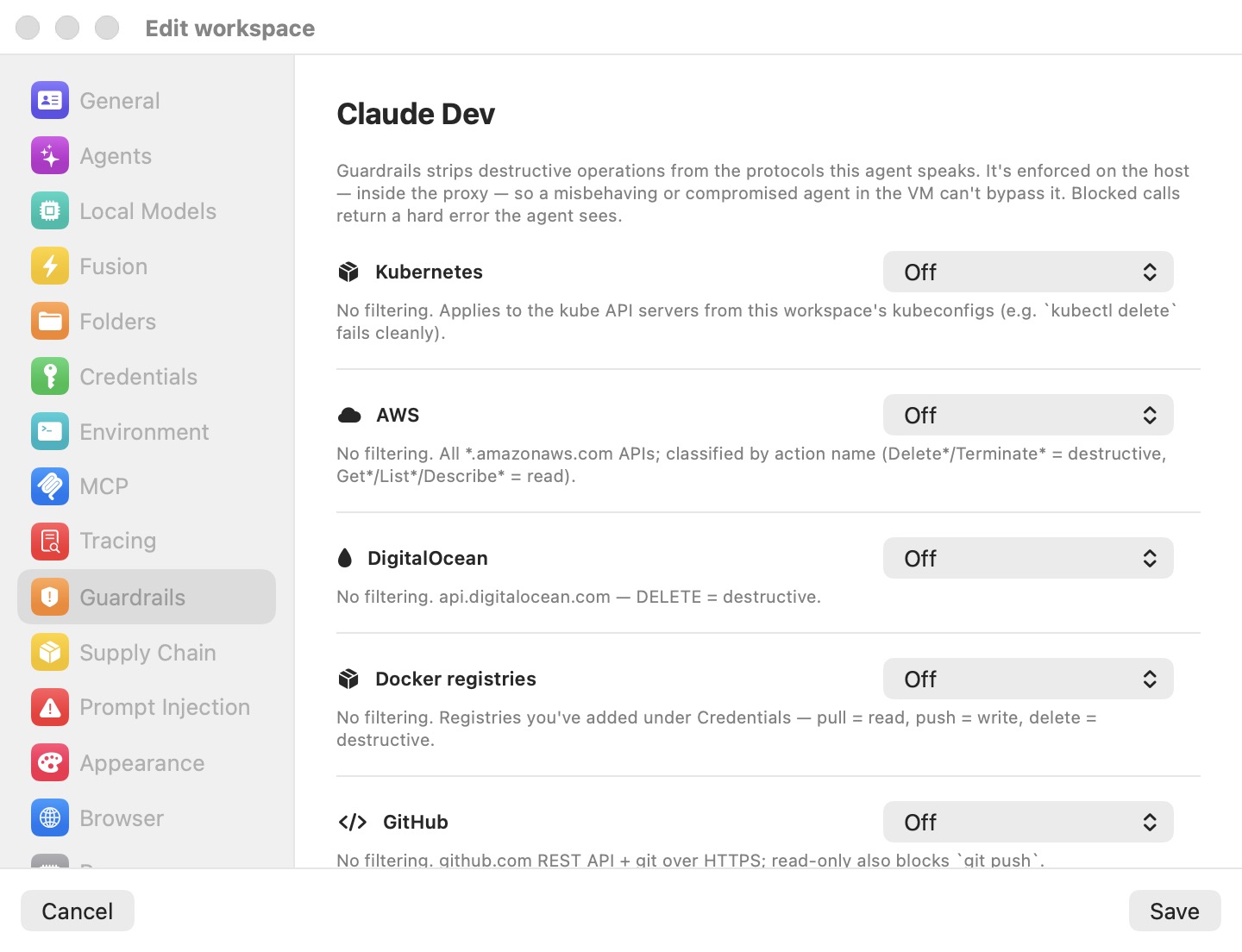 The Guardrails pane of the workspace settings editor, showing one row per configured credential with an ask-before-use checkbox and, where applicable, an inline write-policy picker