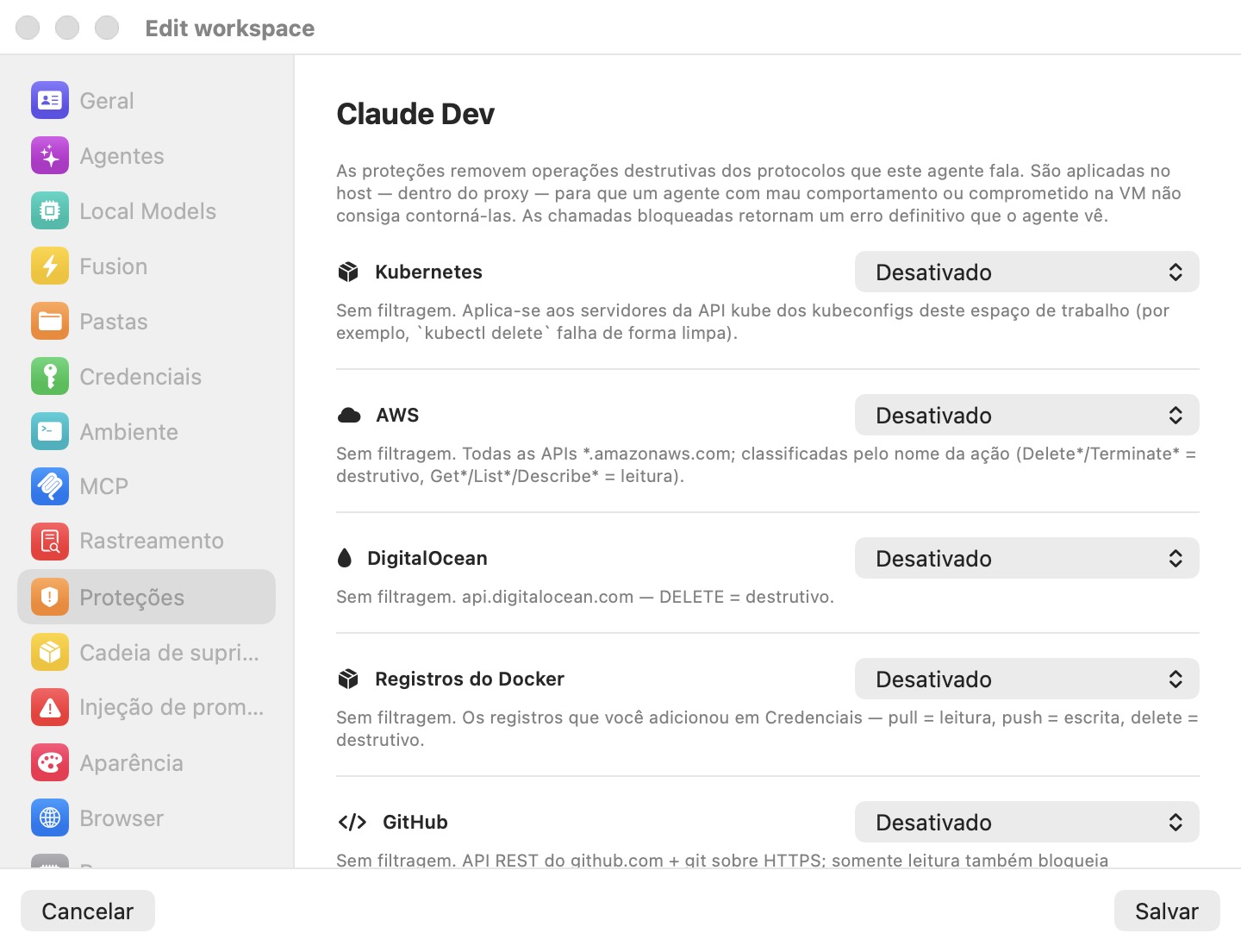 O painel Salvaguardas do editor de definições do espaço de trabalho, mostrando uma linha por credencial configurada com uma caixa de verificação de perguntar-antes-de-usar e, quando aplicável, um seletor de política de escrita integrado