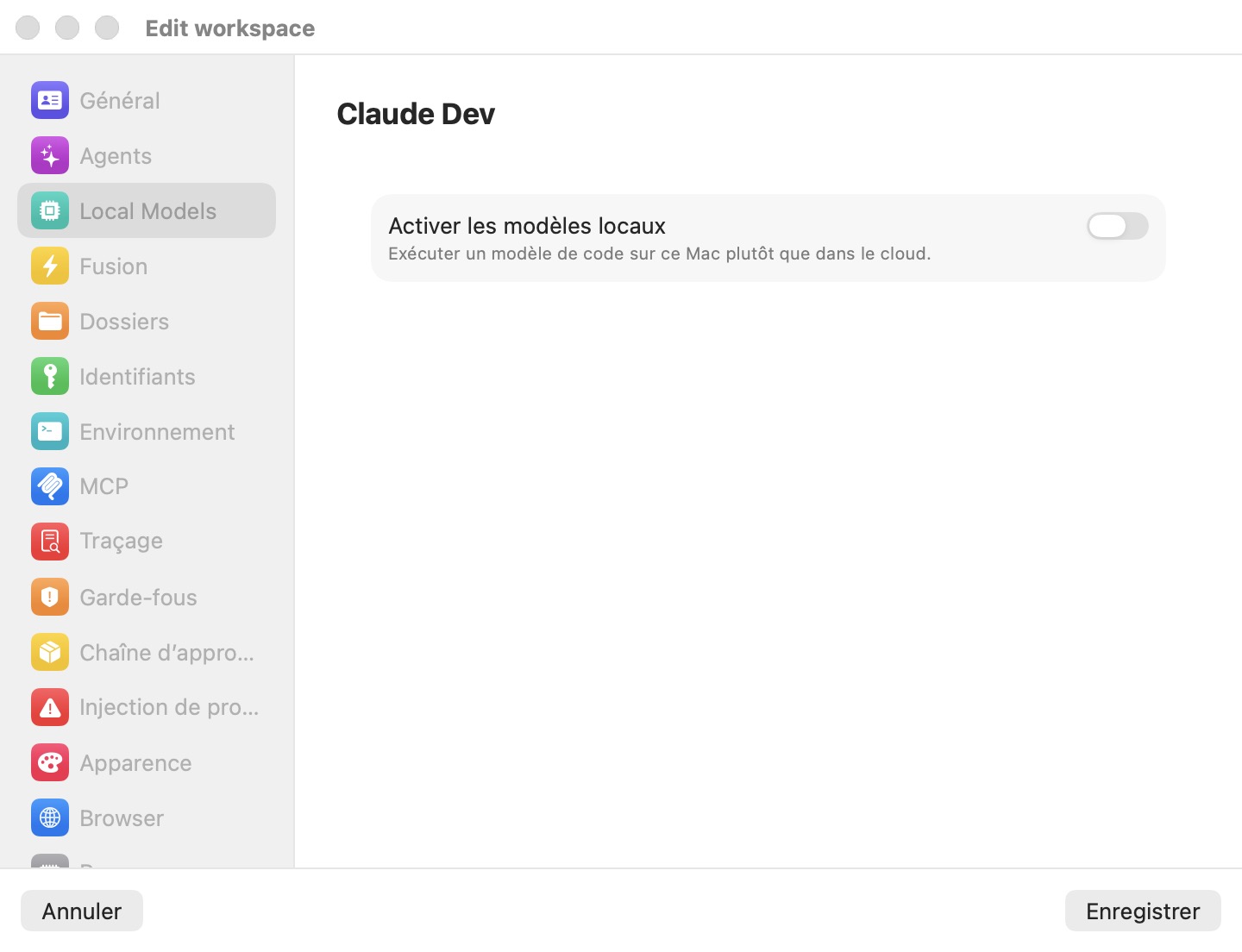 Le volet Modèles locaux de la fenêtre Modifier l'espace de travail, montrant l'interrupteur Activer les modèles locaux dans sa position désactivée par défaut avec la légende Exécuter un modèle de codage sur ce Mac plutôt que dans le cloud