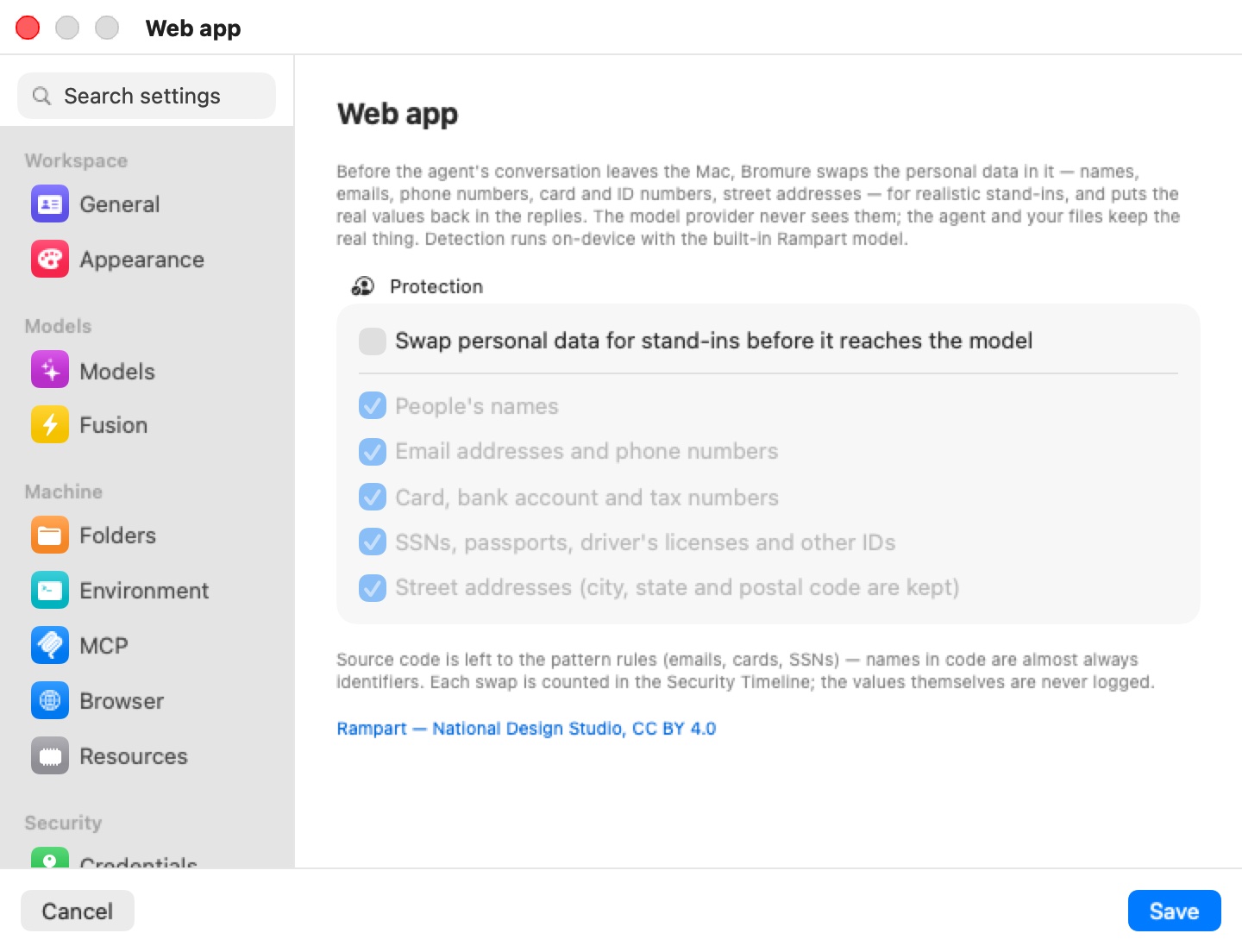The PII Protection pane of the Web app workspace editor: the explanation text, a Protection group with the unchecked master toggle 'Swap personal data for stand-ins before it reaches the model' above five greyed-out, checked categories, the footnote about source code and the Security Timeline, and the link 'Rampart — National Design Studio, CC BY 4.0'