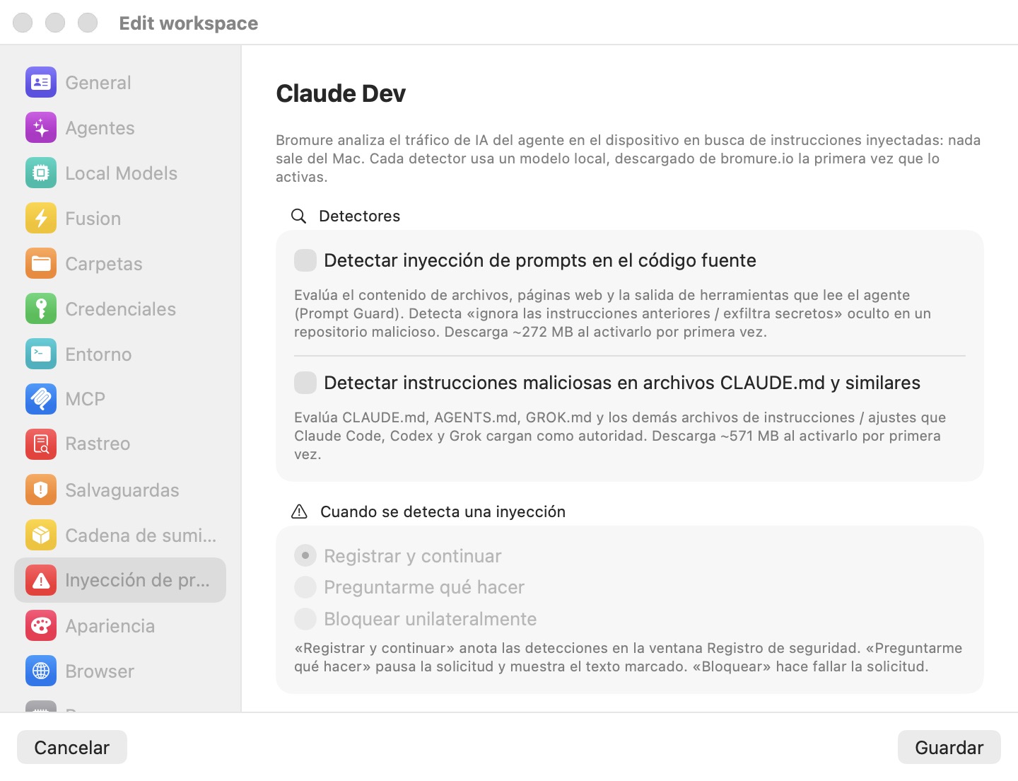 El panel de Inyección de prompts de la ventana Editar espacio de trabajo, que muestra los dos conmutadores de detector y el grupo de opciones deshabilitado 'Cuando se detecta una inyección'