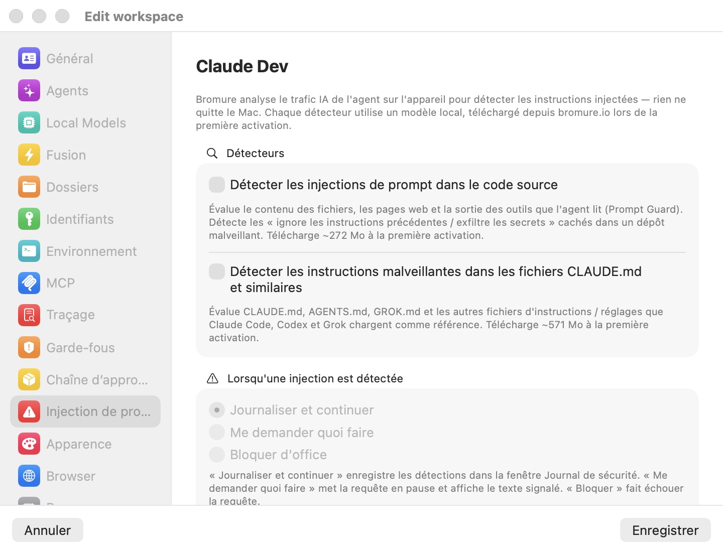 Le volet Injection de prompt de l'éditeur de paramètres de l'espace de travail, montrant les deux interrupteurs de détecteurs et le groupe d'options d'action désactivé