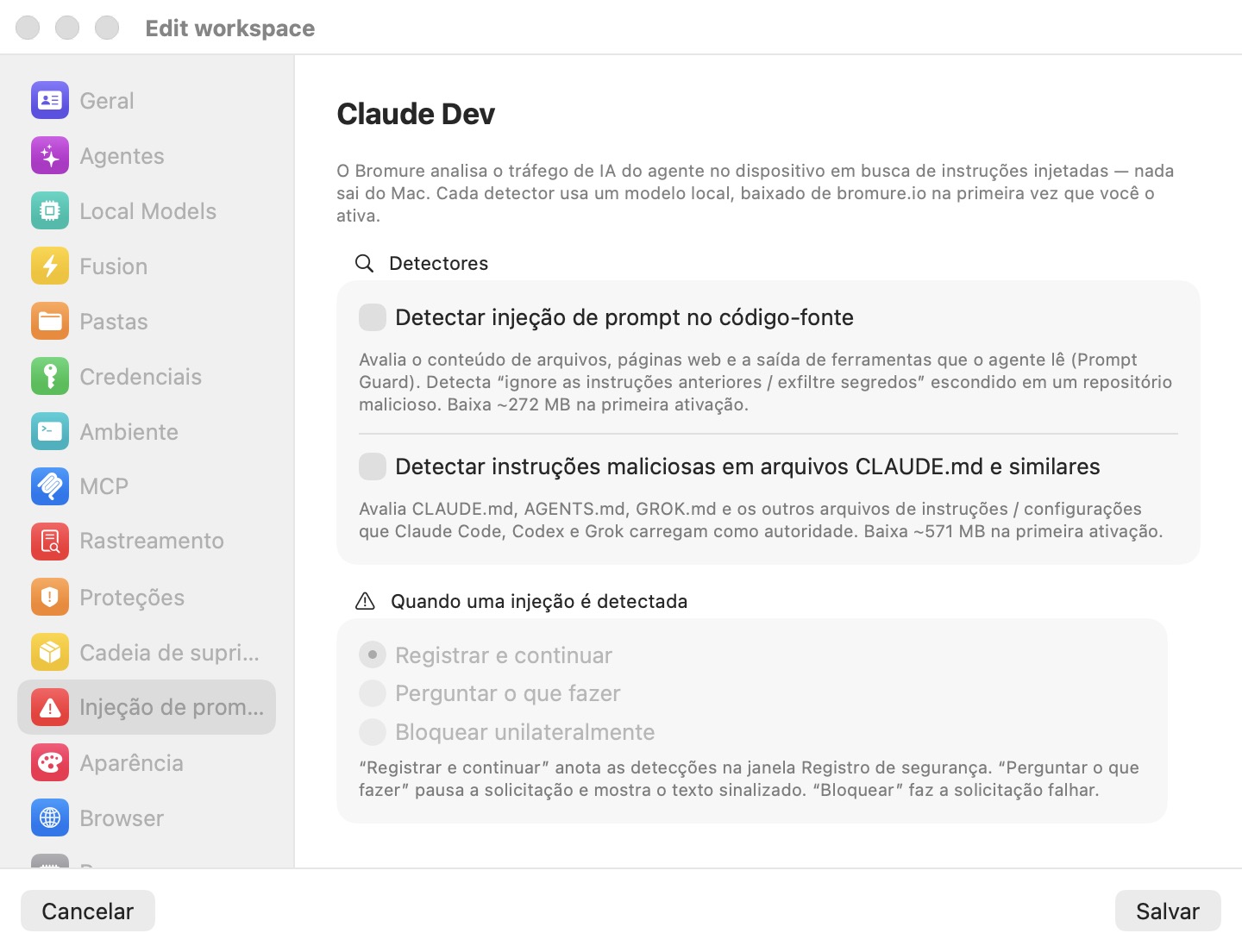 O painel Injeção de prompt da janela Editar espaço de trabalho, mostrando os dois interruptores de detetor e o grupo de opções 'Quando uma injeção é detetada' desativado