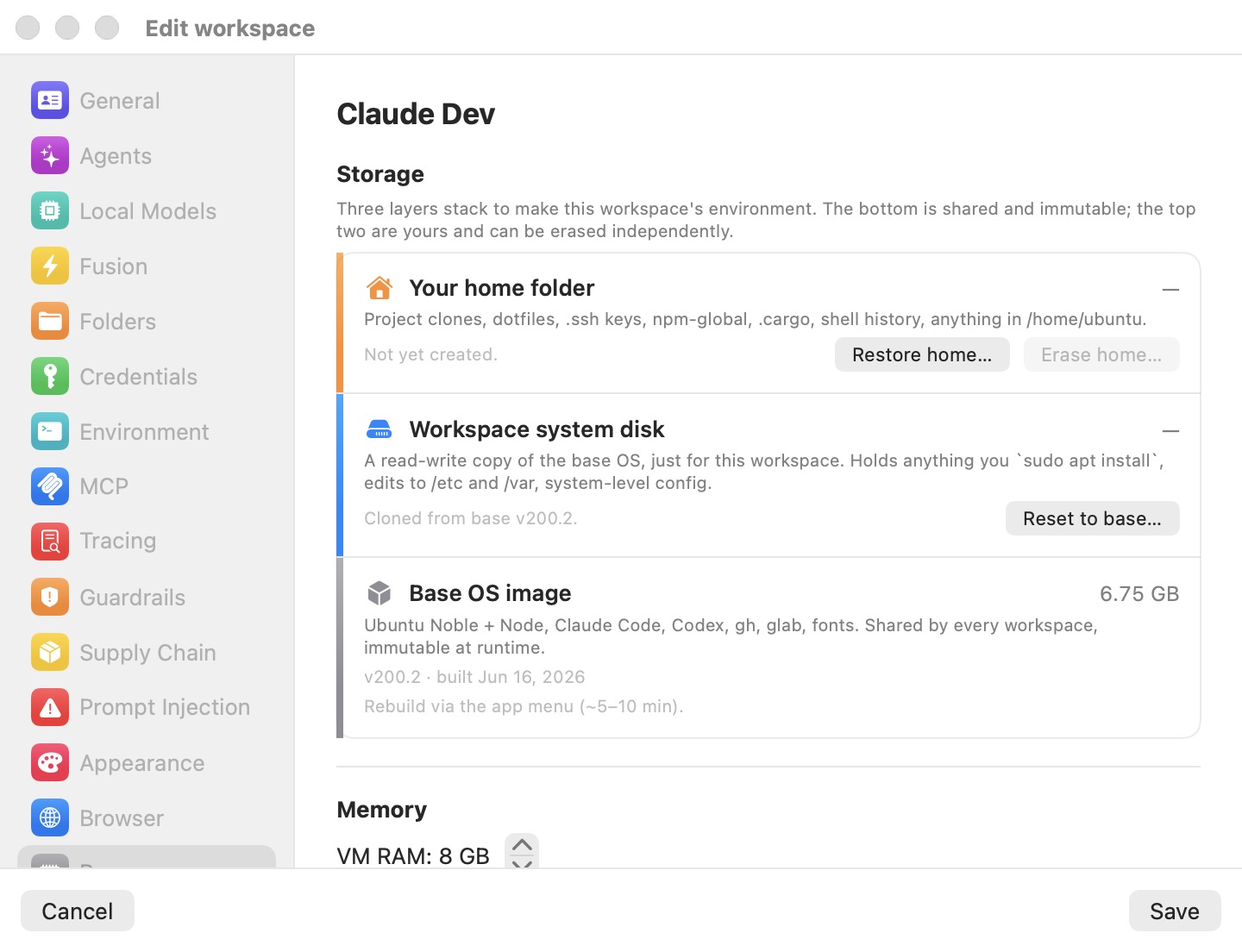 The Resources pane's Storage section with Restore home and Reset to base actions