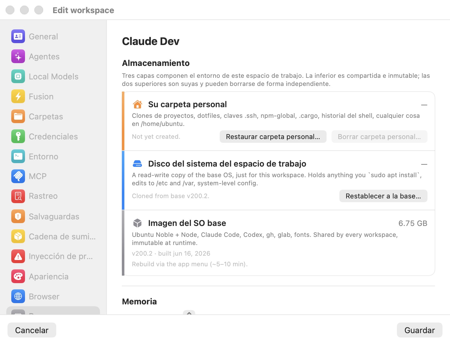 La sección de Almacenamiento del panel de Recursos con las acciones Restaurar home y Restablecer a la base