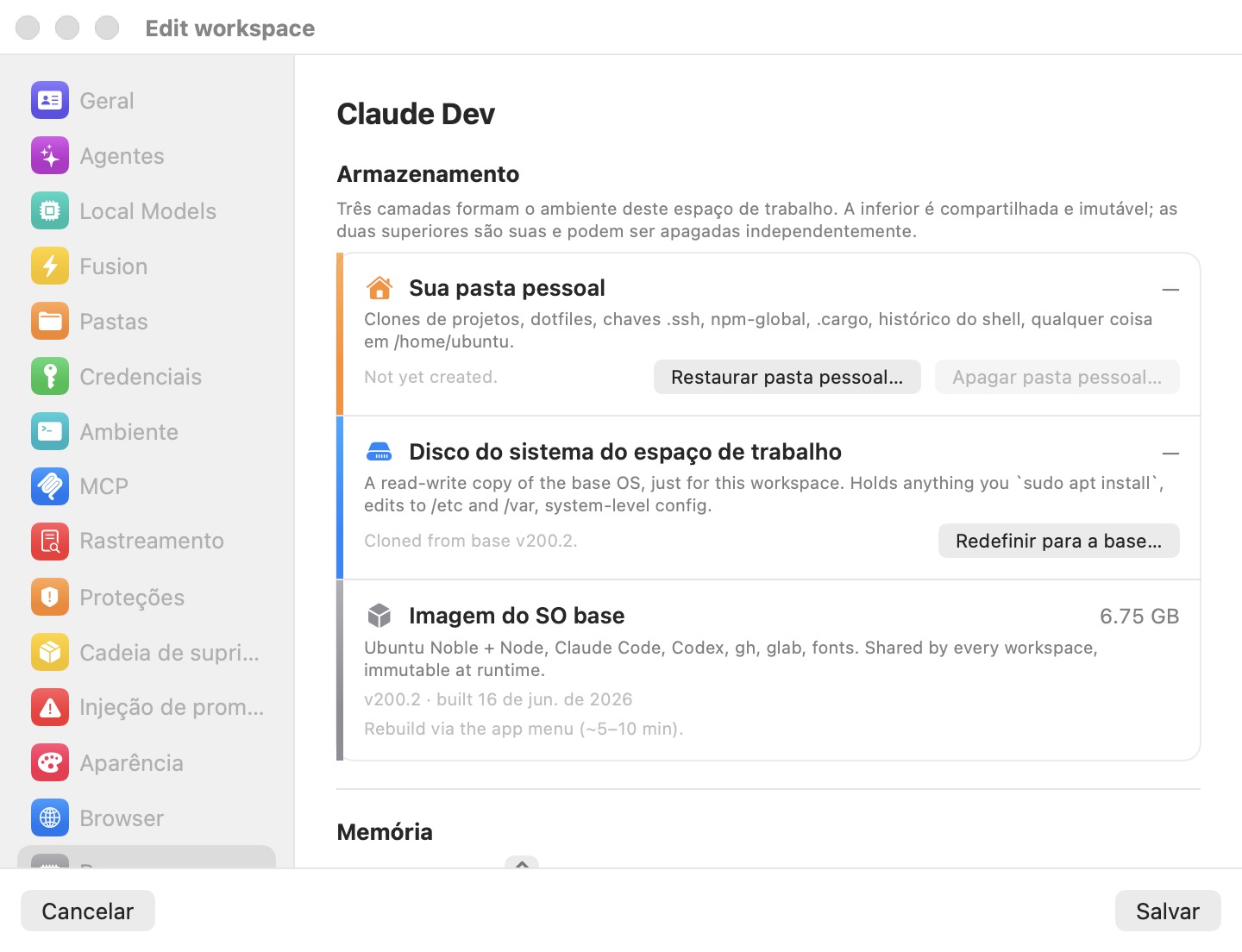 A secção de Armazenamento do painel de Recursos com as ações Restaurar home e Repor para a base